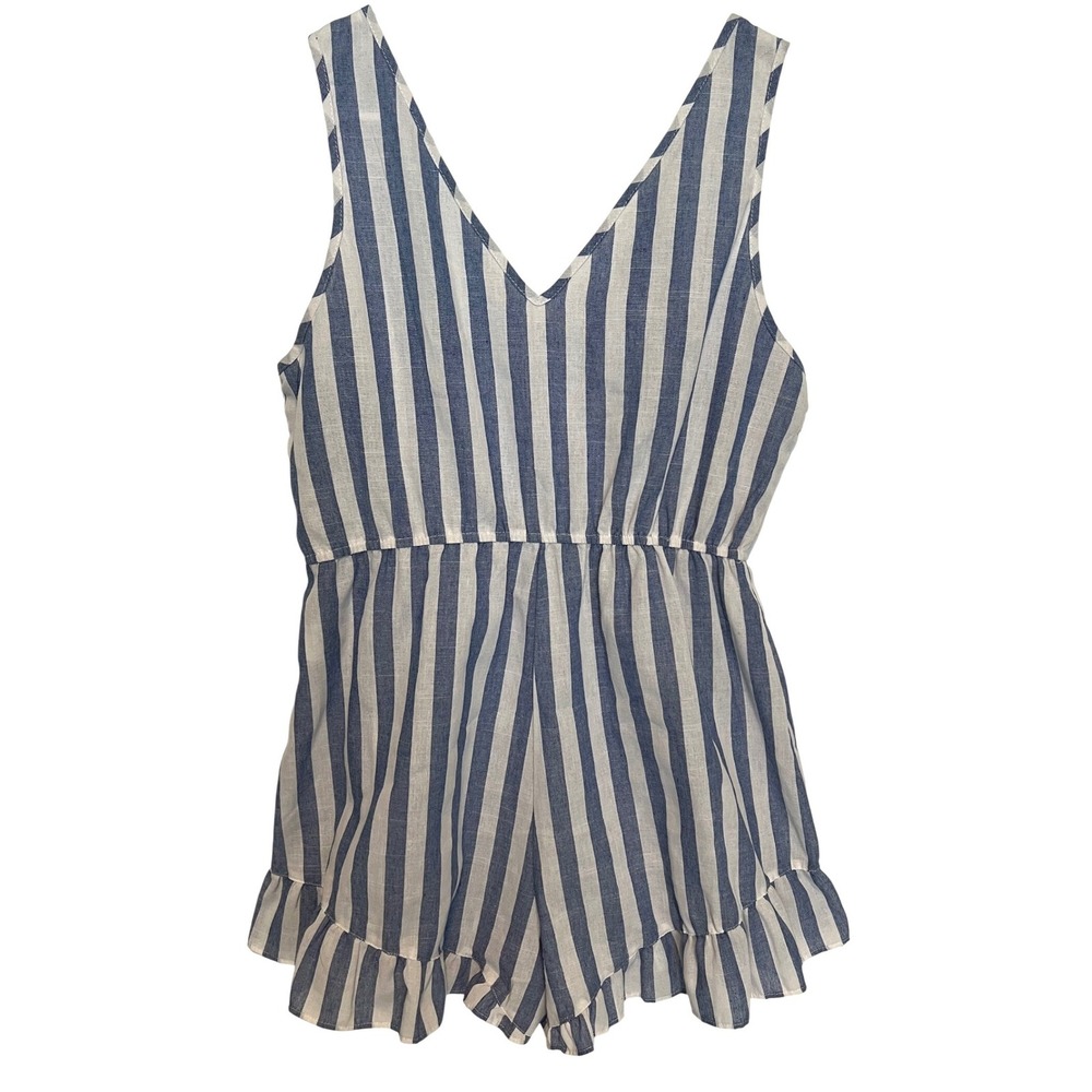 Womens L Romper Blue White Striped V-Neck Ruffle Trim Cotton Blend Coastal Beach